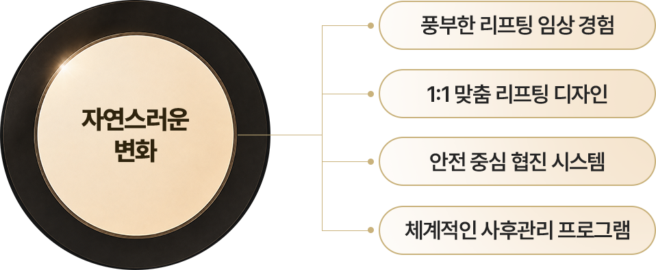 나나성형외과 리프팅 원칙 도식 — 풍부한 임상 경험, 1:1 맞춤 디자인, 안전 중심 협진 시스템, 체계적 사후관리